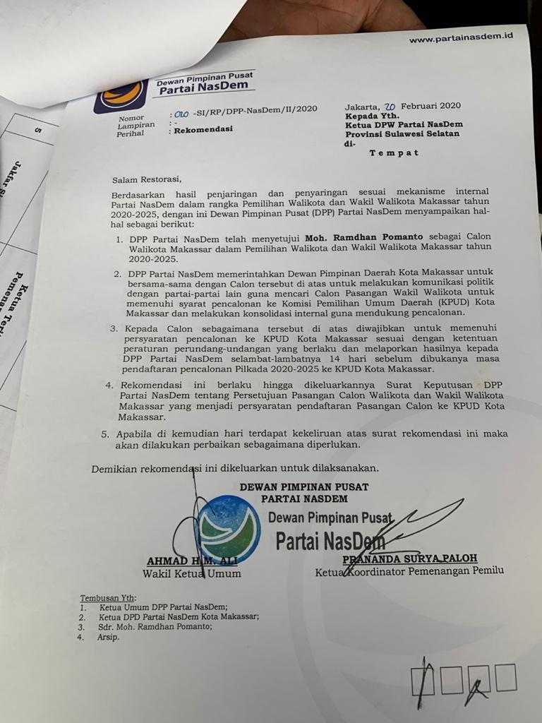 Surat Rekomendasi Nasdem Terbit Danny Pomanto Harus Penuhi Lima Syarat